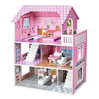 Roze poppenhuis met meerdere kamers