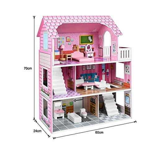 Roze poppenhuis met meubels en afmetingen