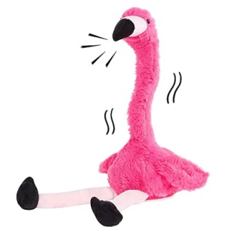 Roze flamingo knuffel met lange nek.