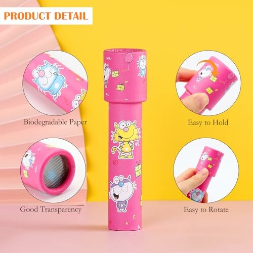 Roze caleidoscoop met cartoonfiguren en productdetails.