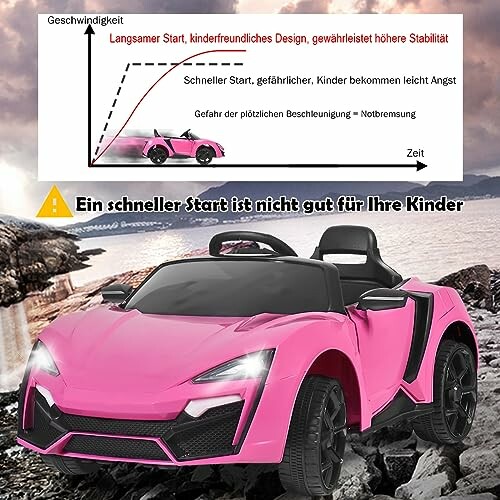 Roze kinderauto met veiligheidswaarschuwing over snelle start.