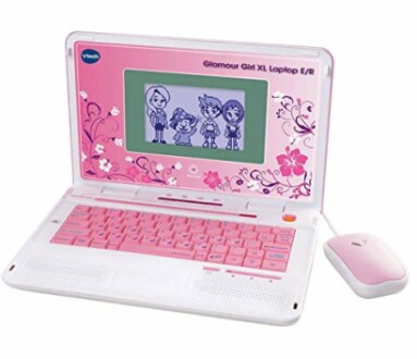 Roze kinder laptop speelgoed met muis en bloemenontwerp