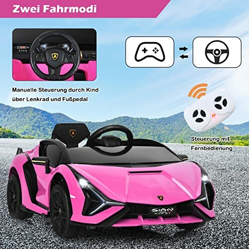 Roze kinderauto met afstandsbediening en stuur