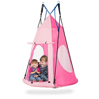 Kinderen in roze schommel tent