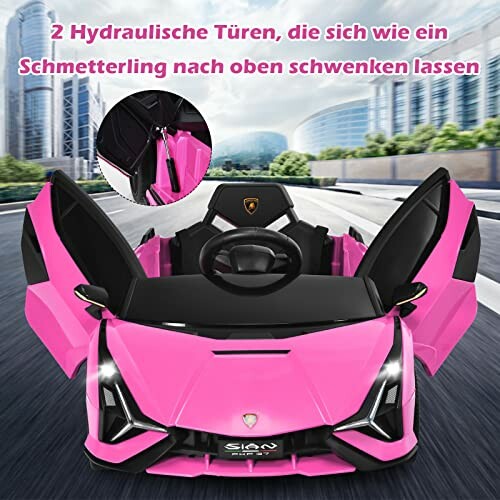 Roze speelgoedauto met hydraulische deuren open op een weg