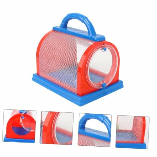 Rood en blauw plastic insectenverblijf met handvat