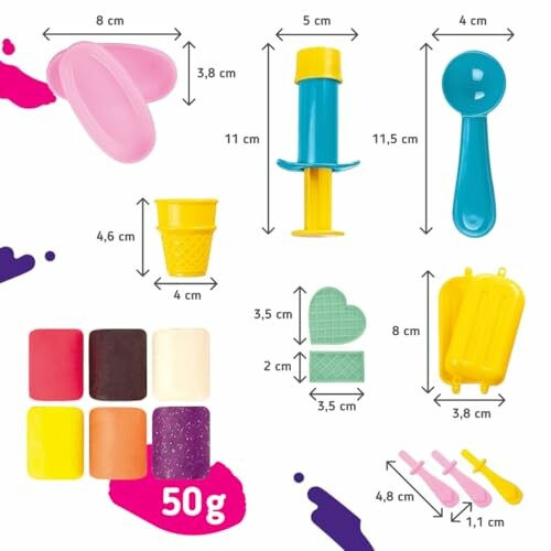 Verschillende Play-Doh gereedschappen en vormen met afmetingen