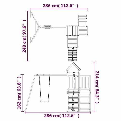 Schema van een speeltoestel met afmetingen in centimeters en inches.