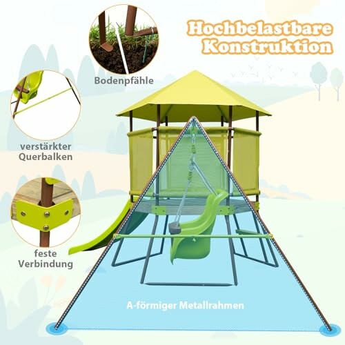 Diagram van een schommelset met versterkte structuur en glijbaan.