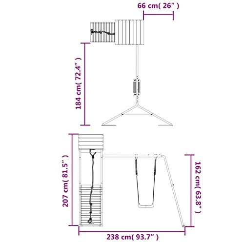 Afmetingen van een schommelset met ladder en platform.