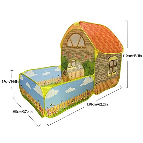 Speeltent in de vorm van een huis met tunnel, kleurrijk ontworpen.