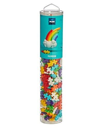 Buis met kleurrijke Plus-Plus puzzelstukken in regenboogthema.