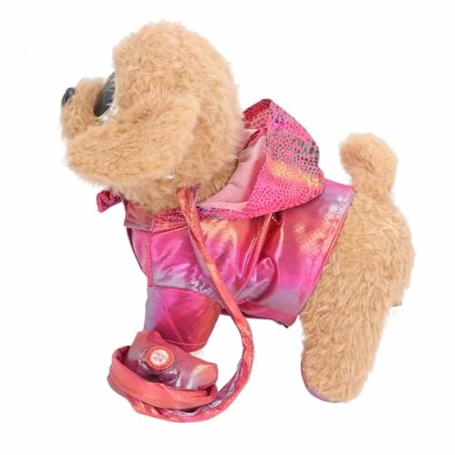 Pluche hond in roze outfit met riem