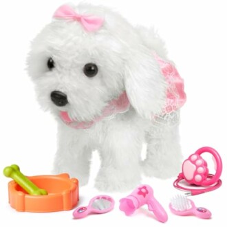 Wit pluchen hondje met roze accessoires