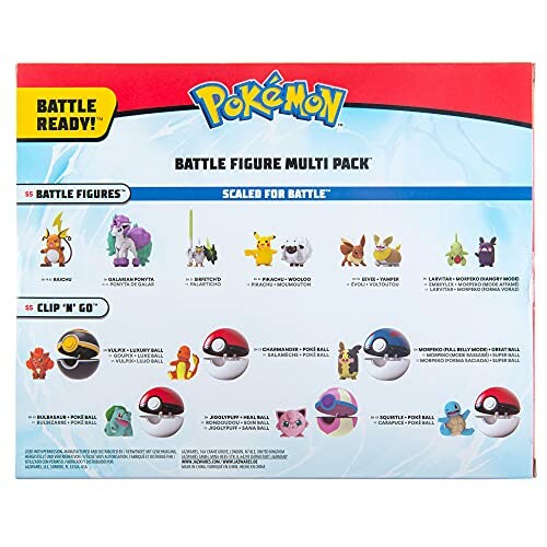 Achterkant van de Pokémon Battle Figure Multi Pack met verschillende figuren en accessoires.