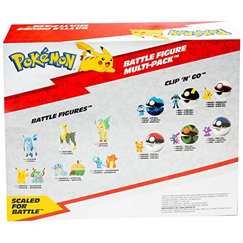 Achterkant van Pokémon multi-pack doos met figuren en Pokéballs