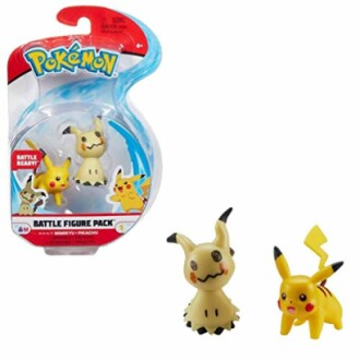 Twee Pokémon-figuren, Mimikyu en Pikachu, in verpakking.