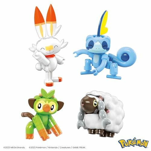 Vier Pokémon-figuren in bouwstenen: Scorbunny, Sobble, Grookey en Wooloo.