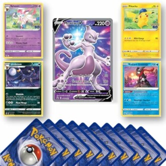 Collectie van Pokémon-kaarten met Mewtwo en Pikachu.