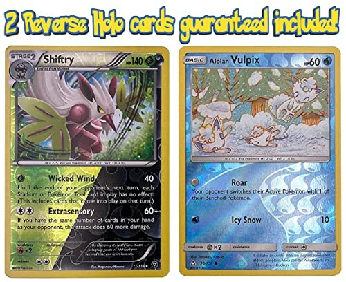 Twee Pokémon-kaarten, Shiftry en Alolan Vulpix, met glanseffect.