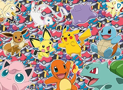 Collage van Pokémon personages op kleurrijke achtergrond.