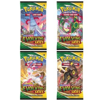 Vier Pokémon Evolving Skies booster packs met verschillende ontwerpen.