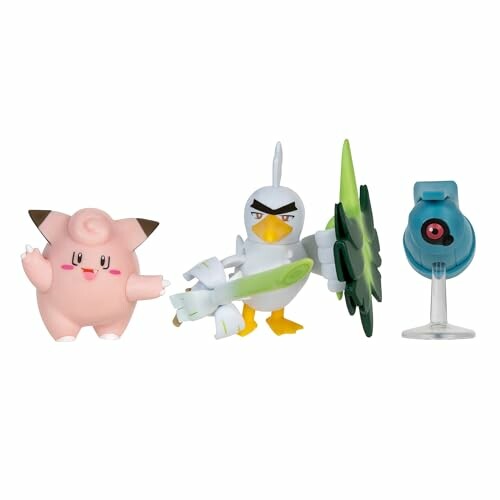 Drie Pokémon-figuren: Clefairy, Farfetch'd en een blauwe met zuignap.