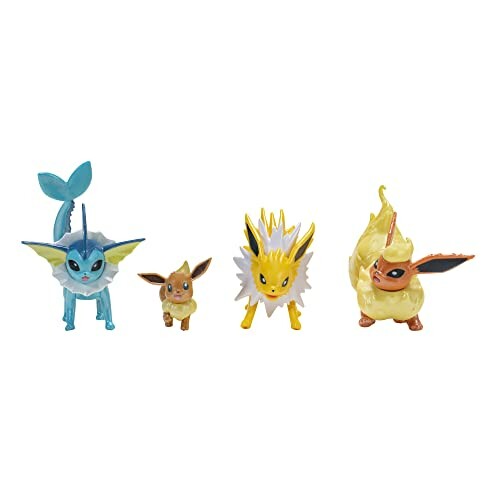 Vier Pokémon-figuren: Vaporeon, Eevee, Jolteon en Flareon