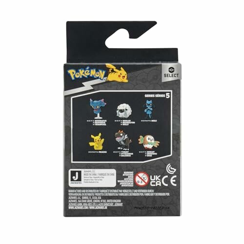 Achterkant van Pokémon-figuren verpakking, serie 5 met zes figuren afgebeeld.