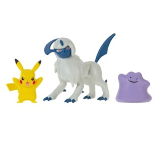 Drie Pokémon-figuren: Pikachu, Absol en Ditto.