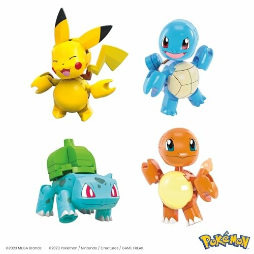 Vier Pokémon-figuren: Pikachu, Squirtle, Bulbasaur en Charmander.