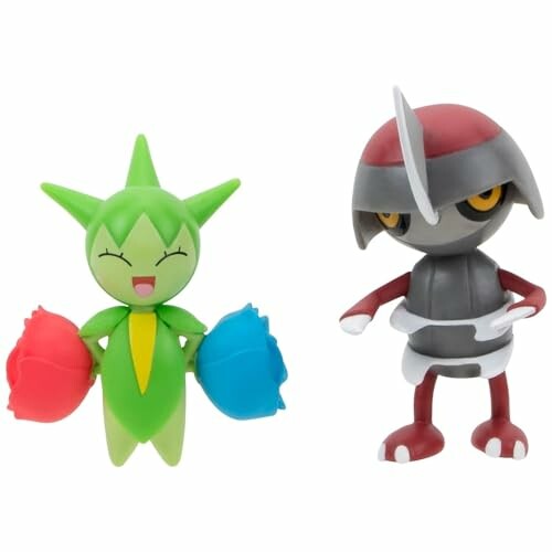 Twee Pokémon-figuren, een groene met bloemen en een grijze met helm.