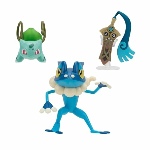 Drie Pokémon-figuren: Bulbasaur, Froakie en Honedge.