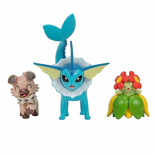 Drie Pokémon-figuren: Rockruff, Vaporeon en Bellossom