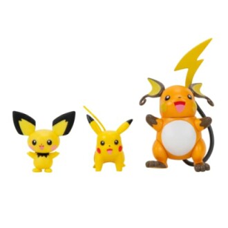 Drie Pokémon-figuren: Pichu, Pikachu en Raichu