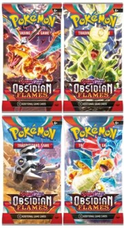 Vier pakjes Pokémon-ruilkaarten, Obsidian Flames serie.