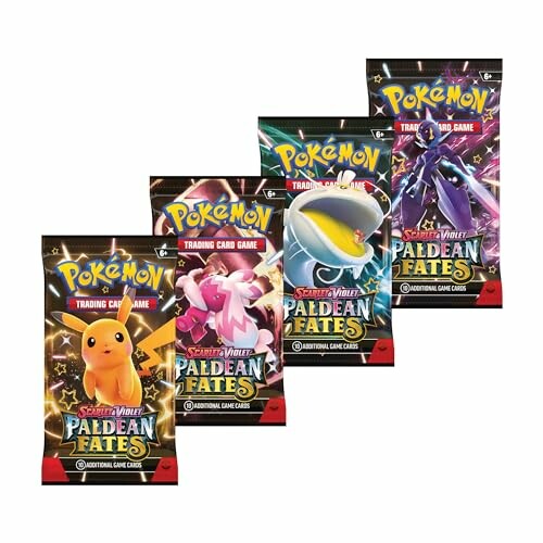 Vier Pokémon Paldean Fates booster packs met verschillende ontwerpen