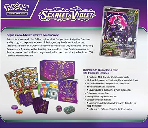 Pokémon Scarlet en Violet Elite Trainer Box met kaarten en accessoires.