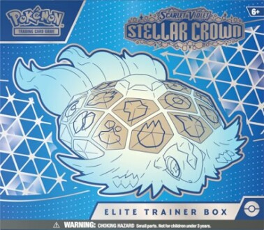 Blauw-witte doos met Pokémon-ontwerp en tekst 'Elite Trainer Box'.