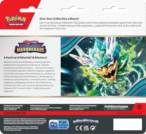 Achterkant van een Pokémon TCG verpakking met informatie over de Twilight Masquerade uitbreiding.