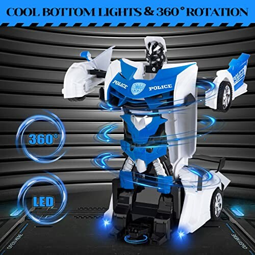 Blauw-witte politierobot speelgoed met LED- en 360-graden rotatie.