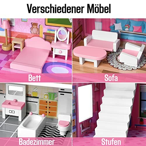 Poppenhuis meubels met bed, sofa, badkamer en trap