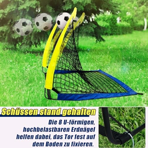 Draagbaar voetbaldoel met ballen in een tuin.