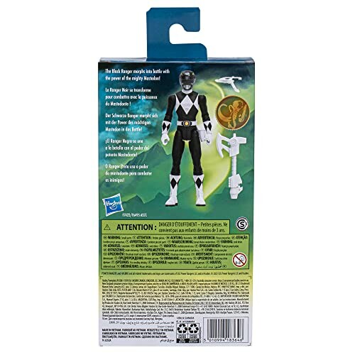 Achterkant van een verpakking met een Power Ranger actiefiguur en accessoires.