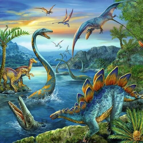 Dinosauriërs in een prehistorisch landschap met water en vegetatie.