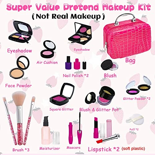 Speelgoed make-up set voor kinderen met borstels, poeder en tas.