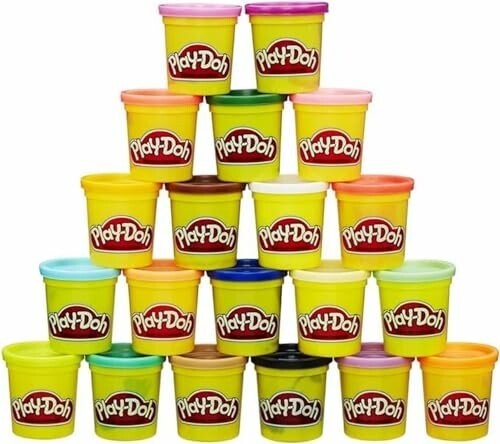 Een piramide van Play-Doh potjes in verschillende kleuren.