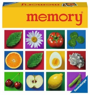 Doos van Ravensburger memoryspel met afbeeldingen van blad, bloem, tomaat, klaver, sinaasappel, ei, kers, appel, citroen en erwten.