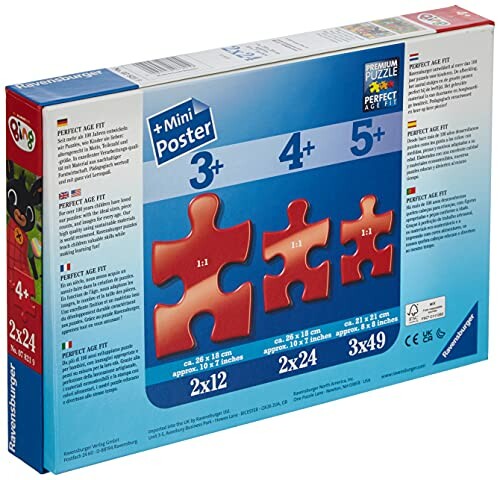 Achterkant van een Ravensburger-puzzeldoos met leeftijdsaanbevelingen en puzzelstukjes.