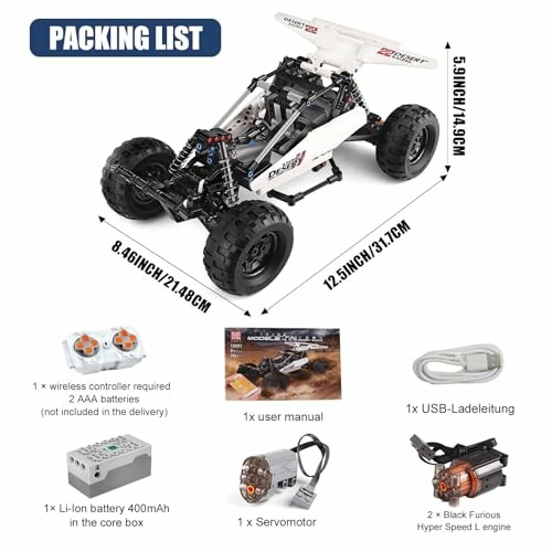 Inhoud van de verpakking van een RC-auto met afstandsbediening, batterij en accessoires.